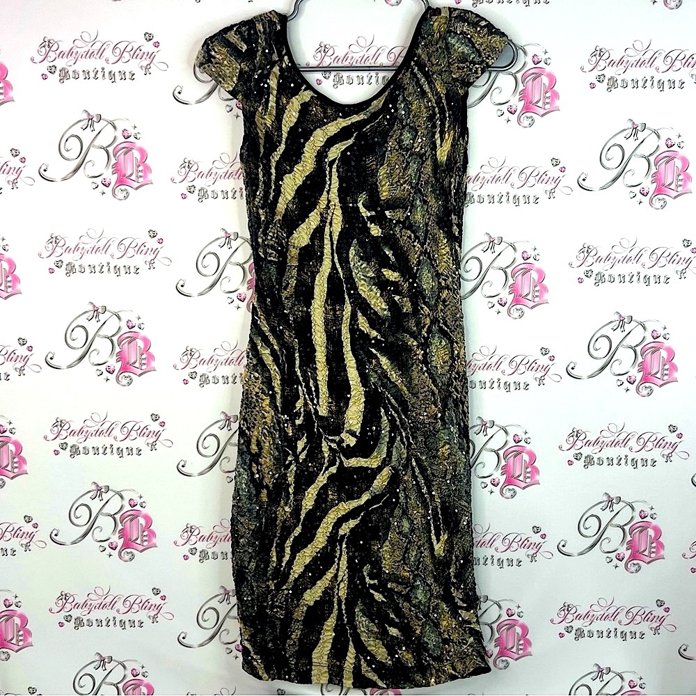 Frank Lyman Design dress sparkly sequins animal Black and Gold Zebra Mini Dress